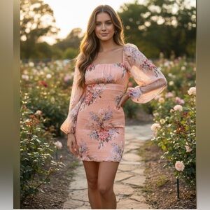 Hello Molly XS Peach Floral Smocked Mini Dress - NWT